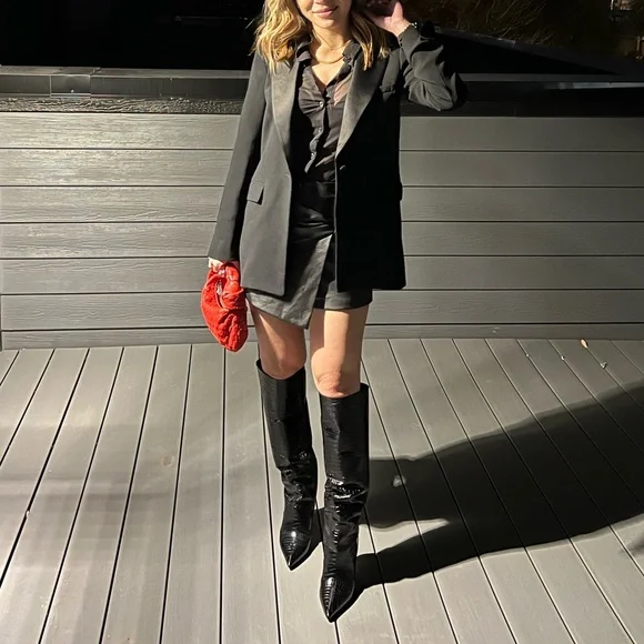 EUC JIMMY CHOO Black Mavis 85 Croc-Embossed Leather Pointed-Toe High Boots 8 39 - Picture 10 of 12